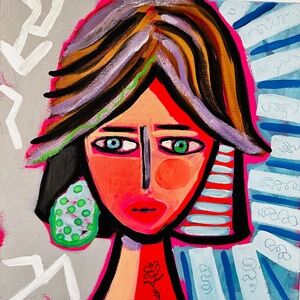 Abstract Lady Face Painting with Rose Tattoo, 12x12 Original Canvas Art OOAK